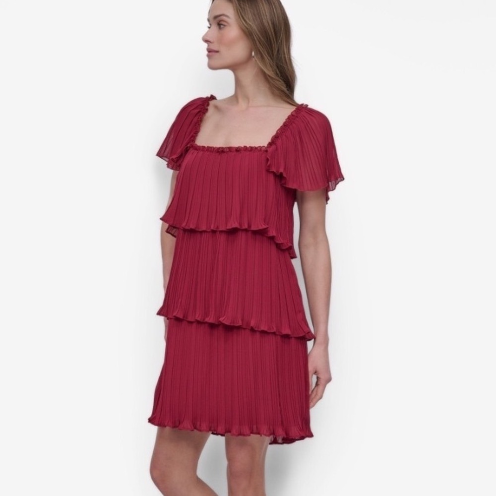 DKNY Pleated Tiered Mini Dress Women 8 New Berry Red Ruffle MSRP $149